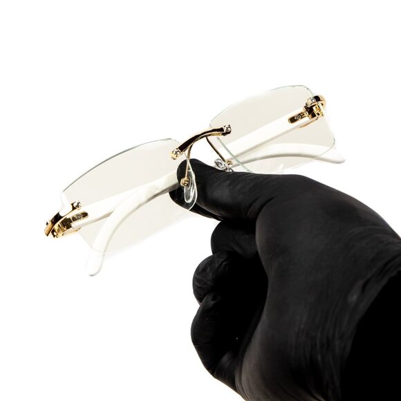 White Wood Grain Clear Lens Mens Gold Frame Rectangular Luxury Square Glasses - Picture 5 of 7